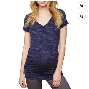 Motherhood Maternity Heathered Blue Short Sleeve Top V Neck Side Ruched Tee